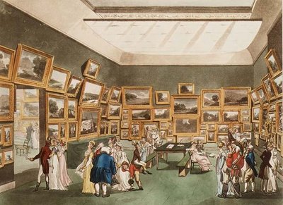 Old Bond Street: Esposizione di disegni ad acquerello da Microcosmo di Londra di Ackermann da T. and Pugin Rowlandson